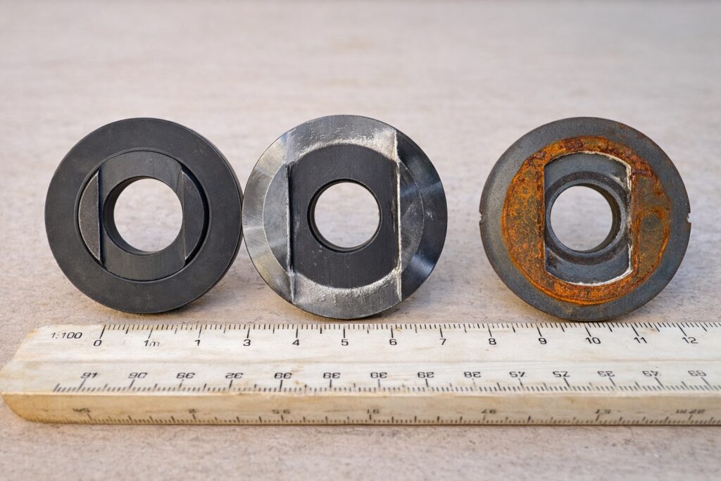 Different types of angle grinder inner flanges showing wear and corrosion.
Different flanges won’t fit every model of angle grinder.