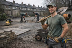 Beginner landscaper working on patio installation in a UK garden.