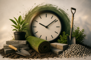 Clock surrounded by turf, plants, paving blocks, soil, gravel, and garden tools, representing the time it takes to become a landscaper.