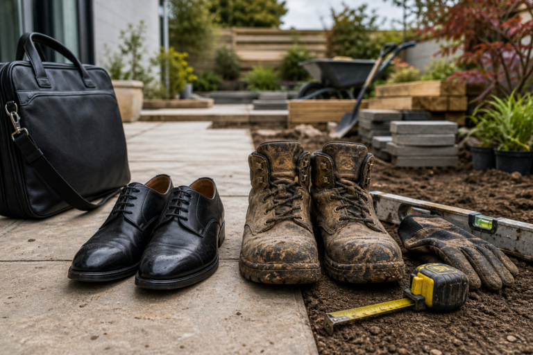 Polished office shoes next to muddy landscaping boots on a garden landscaping site.